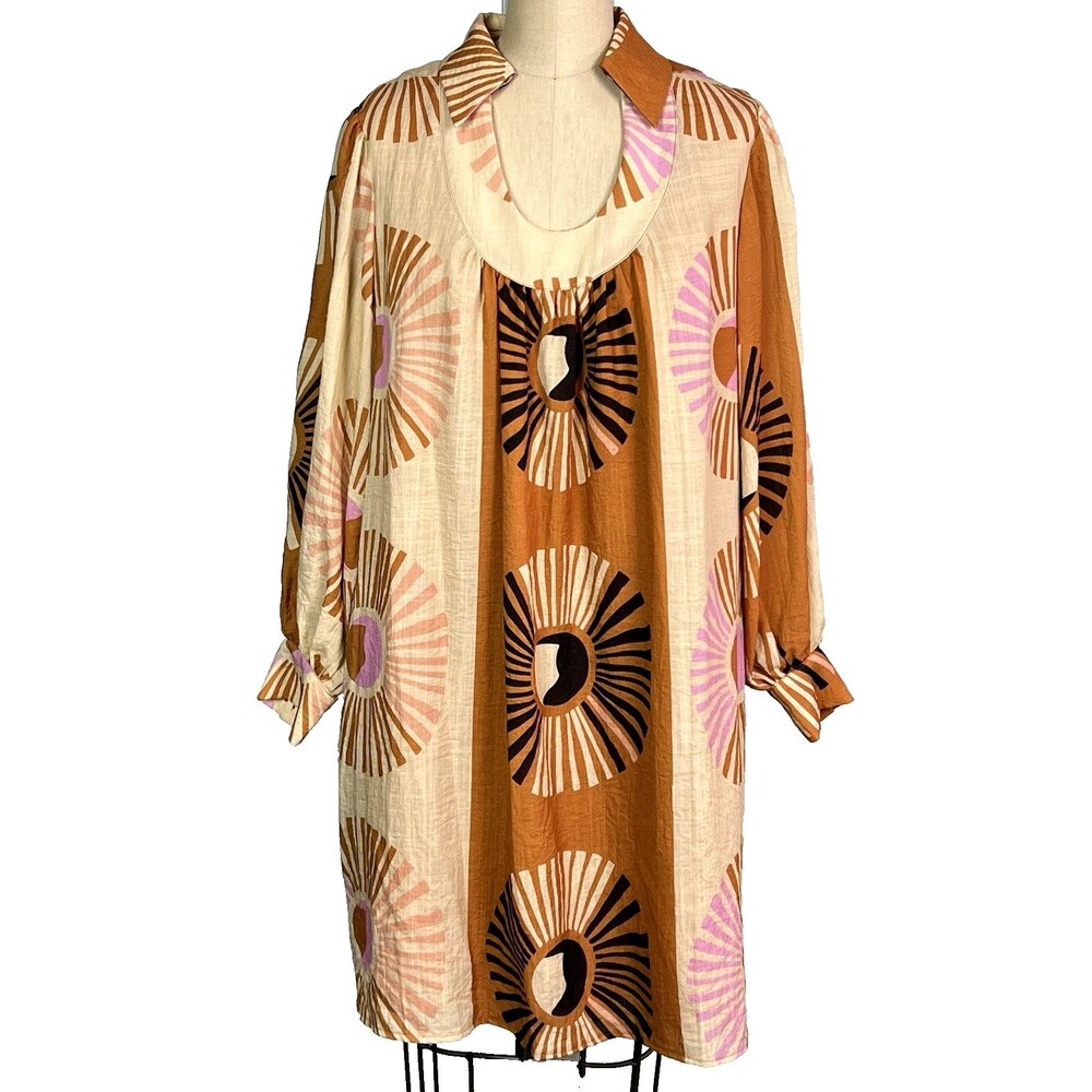 Bold Geometric Print Dress CIEBON Brown Multi-Color Lined Oversized Sz Med